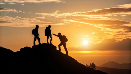 Silhouetted Hikers at Sunset Over Mountain Range with Vibrant Sky and Cloud Formation