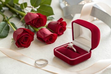 Elegant Engagement Ring Surrounded by Red Roses and Satin Ribbon for Romantic Occasions