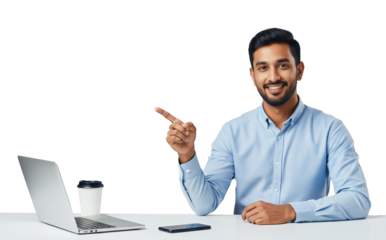 Smiling Young Indian Man Pointing Left at Desk