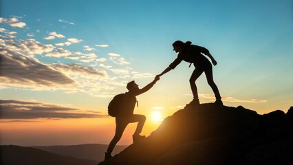 Silhouette of Two Hikers Helping Each Other at Sunset on a Mountain Peak in the Wilderness
