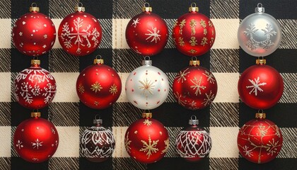 Festive Red and Silver Christmas Ornaments Collection on Plaid Background.