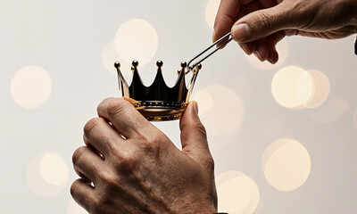 Measured Stewardship Shot A warm textured hand steadies a king while a crystalline wire hand traces its crown, tight macro