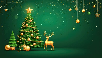 Elegant Christmas scene with decorated tree golden reindeer and sparkling lights.