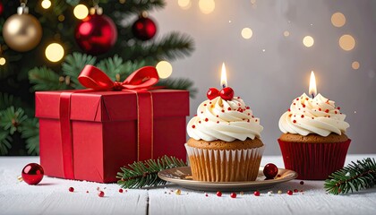 Festive Christmas Celebration with Decorated Cupcakes and Gift Box.