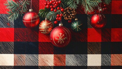 Festive Christmas Ornaments and Pine Branch on Red Buffalo Plaid Background.