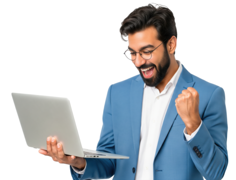 Excited Businessman Celebrates Success While Looking at His Laptop