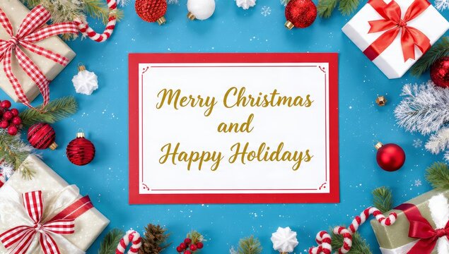 Merry Christmas and Happy Holidays text on a festive blue background with presents, pine branches, ornaments, and snowflakes