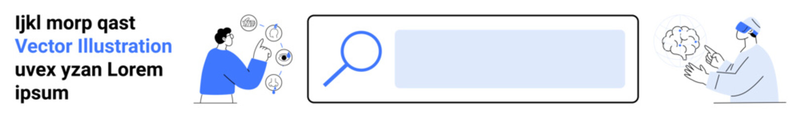 Obraz premium Digital design, user interface, technology, research tools, online navigation, data search. A search bar with figures interacting and abstract design elements. Digital design and user interface