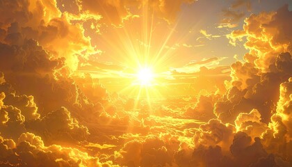 Fototapeta premium Golden sky background with the sun, clouds, and sunlight