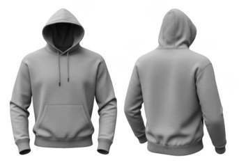 Gray pullover hoodie front and back view isolated on transparent background