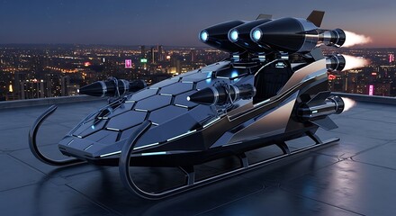 Futuristic sci fi hovercraft with glowing engines rests on a rooftop overlooking a cityscape