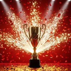 Gold Trophy with Fireworks and Confetti on a Red Background Award, Success, Achievement Celebration