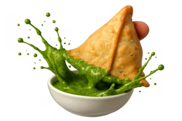 Samosa dipping into green chutney with a dynamic splash, creating an appetizing visual of traditional indian snack food
