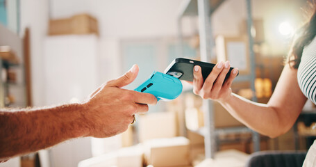 Pos machine, hands and people with payment for cellphone, transactions and small business. Ecommerce, smartphone and customer with purchase, fintech and cashless tech with checkout or digital app