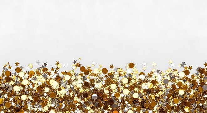Sparkling golden confetti scattered across a clean white background creating a festive and celebratory atmosphere - Powered by Adobe
