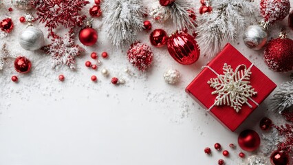 Festive Christmas decoration with red baubles, frosted branches and a snowflake gift box scattered on white snowy background
