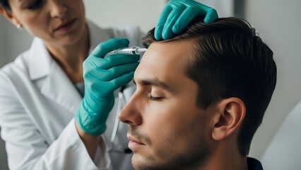 Experienced medical professional performs precise scalp injection treatment on a man to stimulate hair growth and promote follicle revitalization in a modern clinic