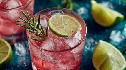 Refreshing pink cocktail with ice, garnished with lime slice and rosemary, symbolizing summer vibes, relaxation, elegance, festive drinks, and the bright, inviting appeal of a stylish beverage.