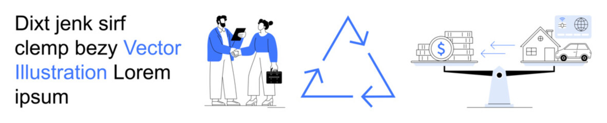 Business, finance, economy, recycling, technology, sustainability. Two professionals interacting, a recycling symbol and a financial balance graphic. Business and finance s