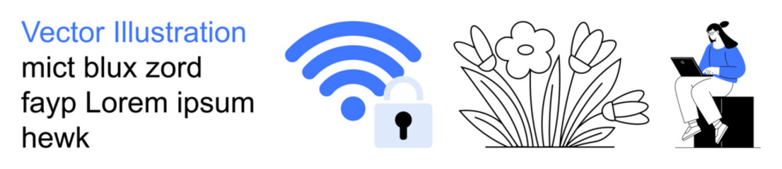 Cybersecurity, remote work, wireless internet, nature, technology design, concepts. Abstract wireless icon, security lock flowers seated person with a laptop. Cybersecurity and remote work concept