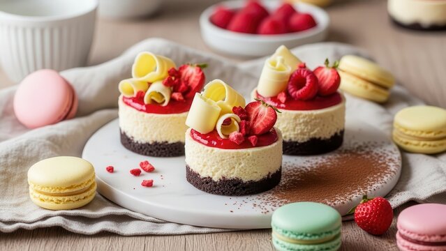 Three delightful mini cheesecakes adorned with fresh strawberries, raspberries, and delicate white chocolate curls, arranged on a pristine white plate with colorful macarons scattered around