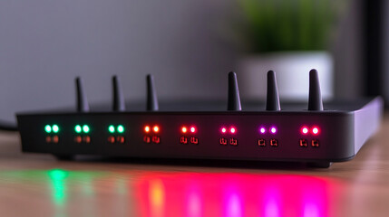 A router in a dark environment with its indicator lights blinking, glowing softly in green and blue against the shadows, signaling active network traffic and connection.