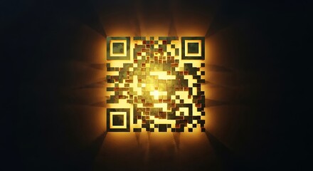 Illuminated golden qr code glowing mysteriously in the darkness with a bright center