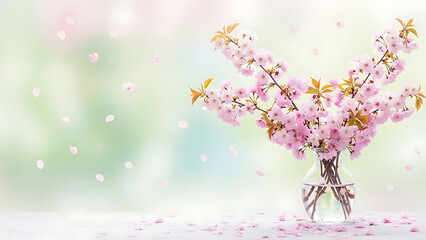 Fototapeta premium Pink cherry blossoms in a clear vase with petals falling on a soft pastel colored background scene