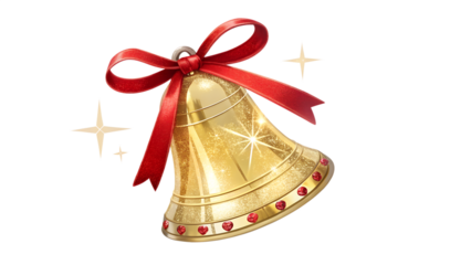 Golden christmas bell with red ribbon isolated on transparent background isolated on white background