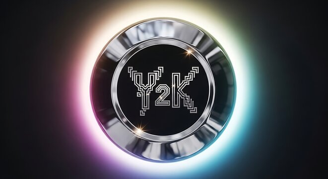 Illuminated y2k button with chrome bezel and colorful aura on a dark background