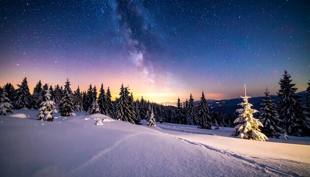 Snowy landscape under a vibrant starry sky