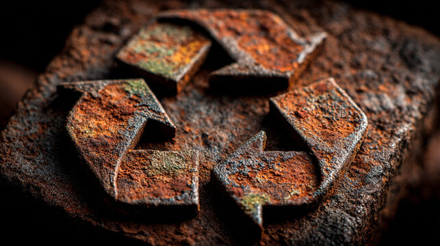 Rusty metal recycle symbol on a textured surface, symbolizing sustainability, environmental awareness, decay and renewal, industrial aesthetics, and the enduring concept of recycling in a raw, tactile
