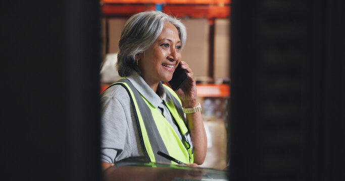 Phone call, warehouse and woman for shipping, distribution and logistics info with clipboard. Communication, planning and person on smartphone talking for cargo, delivery schedule and supply chain