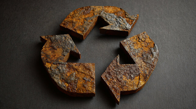 Rusty metal recycle symbol on a textured surface, symbolizing sustainability, environmental awareness, decay and renewal, industrial aesthetics, and the enduring concept of recycling in a raw, tactile