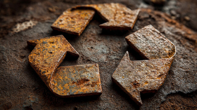 Rusty metal recycle symbol on a textured surface, symbolizing sustainability, environmental awareness, decay and renewal, industrial aesthetics, and the enduring concept of recycling in a raw, tactile