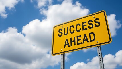 Success Ahead A Yellow Road Sign with Message Against a Blue Sky, Indicating Future Achievement and Goals