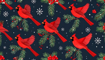 Repeated pattern of red birds on wintery sprigs with snowflakes