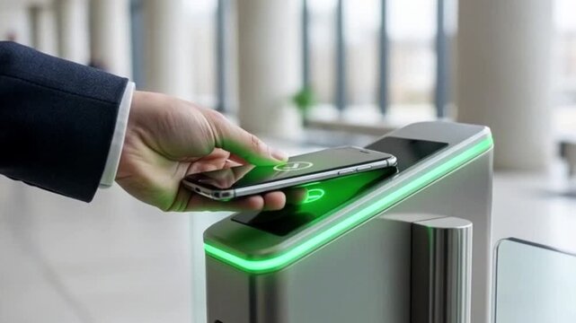 A person using a smartphone to validate entry through an electronic turnstile, a contactless payment system on public transport, and digital access control.