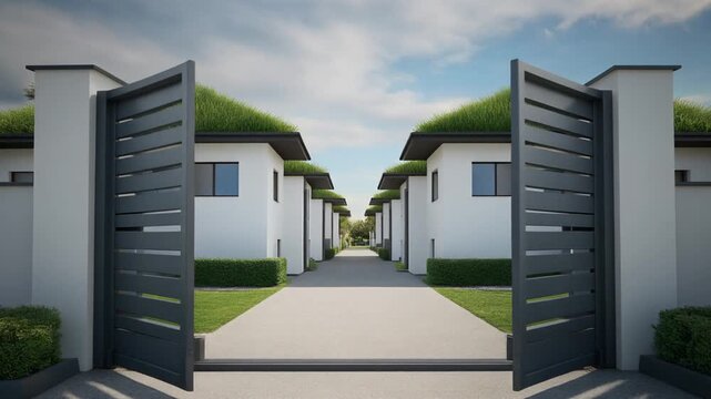 Modern Grey Gate Opening to a Contemporary Housing Community
