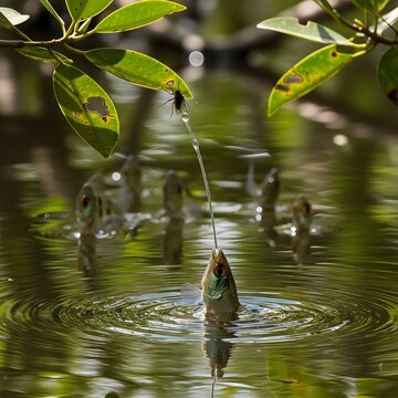 Archerfish hunting an insect by shooting a precise stream of water, showcasing incredible animal behavior in a vibrant aquatic environment.