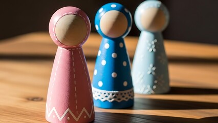 Three wooden peg dolls in various colors, each with a unique design, placed on a wooden surface with soft focus
