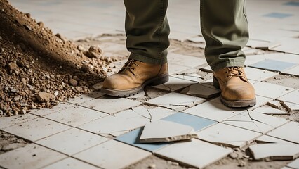 Construction worker wearing work boots standing on broken tiles and debris during a demolition or renovation project, representing construction and repair work
