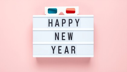 Celebrating the New Year with a cinematic theme, featuring a lightbox message and 3D glasses against a pastel pink backdrop