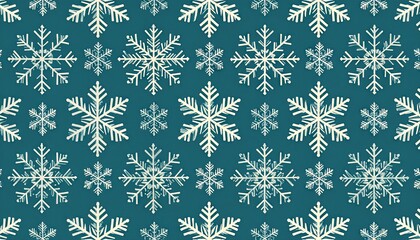 Seamless pattern of white snowflakes on a dark teal background for winter holidays.