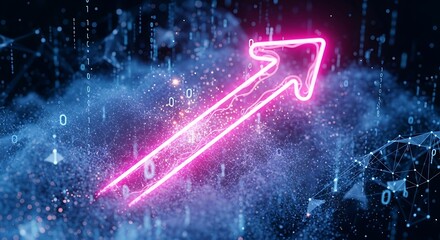 Glowing neon arrow ascends through digital rain and abstract blue matrix patterns