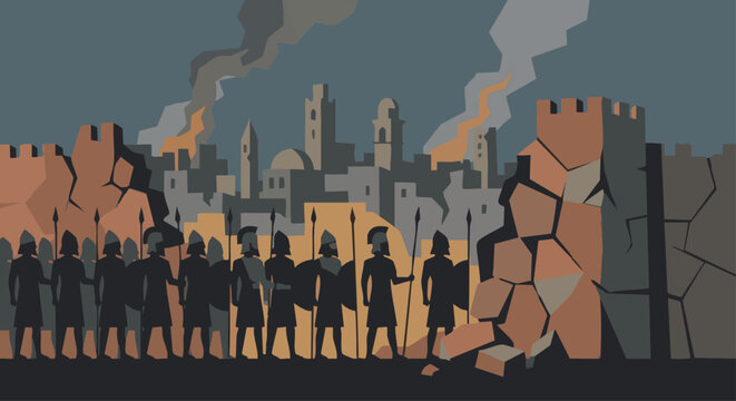 Fall of Jerusalem (Chronicles Perspective)
Geometric silhouette of Babylonian soldiers entering a stylized Jerusalem, stone walls simplified, muted somber palette, minimal dramatic composition. Bible