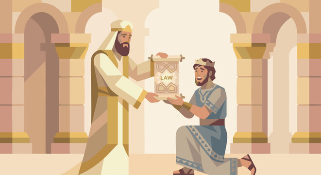 Josiah Finds the Book of the Law
High priest handing a stylized scroll to Josiah, geometric temple shapes behind, stone and gold palette, soft emotional emphasis. Bible