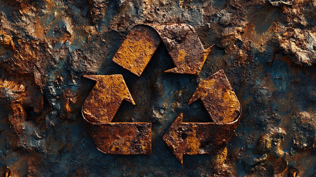 Rusty metal recycle symbol on a textured surface, symbolizing sustainability, environmental awareness, decay and renewal, industrial aesthetics, and the enduring concept of recycling in a raw, tactile