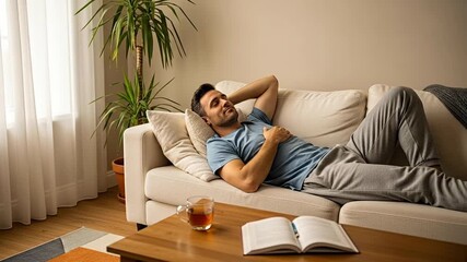 A man relaxing on a couch with a book and a cup of tea.