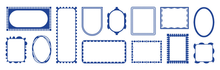 Dark blue bold retro stamp frames. Doodle sketch rectangular oval ornate borders. Hand drawn coastal scallop invitation template set. Abstract poster placard label frame design for postcard decoration